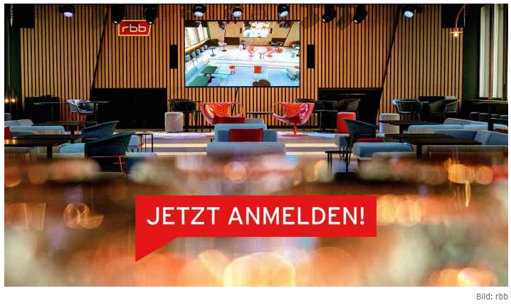 Jetzt via Mail anmelden für das Live Podcast Event von Inforadio zum 30. Jubiläum in der Studio 14 Dachlounge des rbb